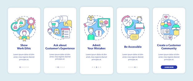 Vector customer service tips onboarding mobile app screen. support ethic walkthrough 5 steps graphic instructions pages with linear concepts. ui, ux, gui template. myriad pro-bold, regular fonts used