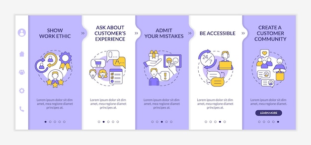 Vector customer service tips purple and white onboarding template good client support responsive mobile website with linear concept icons web page walkthrough 5 step screens latobold regular fonts used