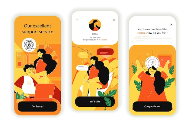Customer support concept onboarding screens UI UX GUI user interface kit