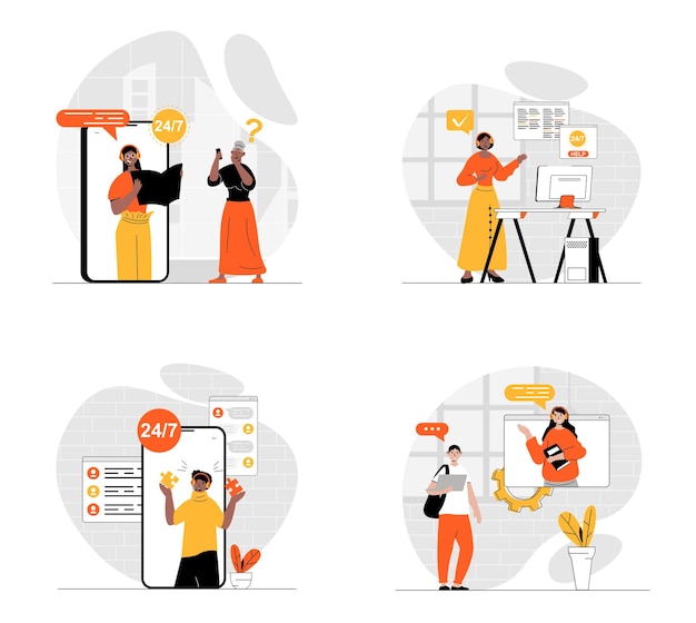 Customer support concept with character set Collection of scenes people in headset consulting clients and solving tech problems via calls and online chats Vector illustrations in flat web design