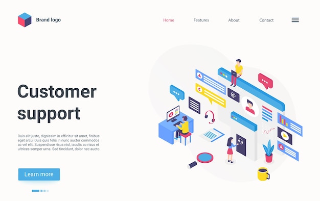 Customer support hotline center concept isometric landing page online helpdesk service