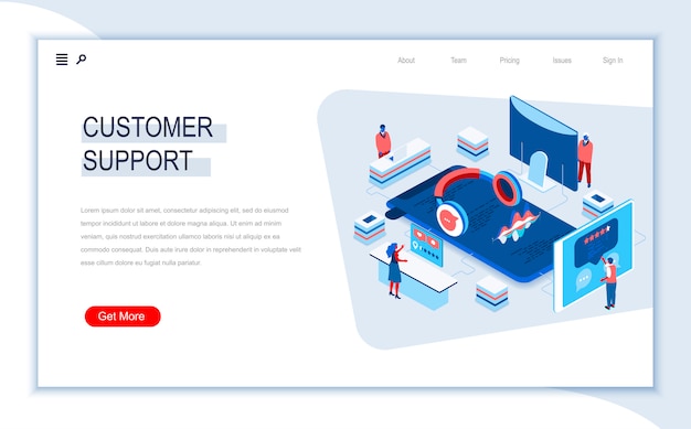 Customer support isometric landing page template.