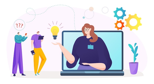 Customer support online service vector illustration huge assistant woman character hold idea light bulb at laptop tiny worker man have question