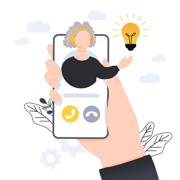 Customer support. Personal assistant service. Social media network services, online supporter agents. Isolated flat vector illustration with old white woman. Work for elderly people.