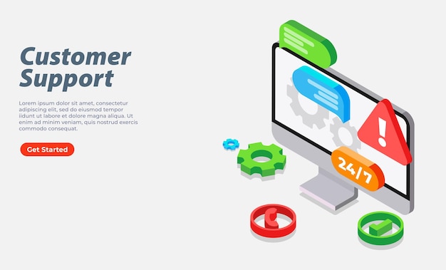 Customer support, Technical support flat 3d isometric web banner template