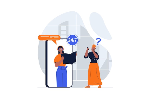 Customer support web concept with character scene Woman calling hotline and receives answer to question People situation in flat design Vector illustration for social media marketing material