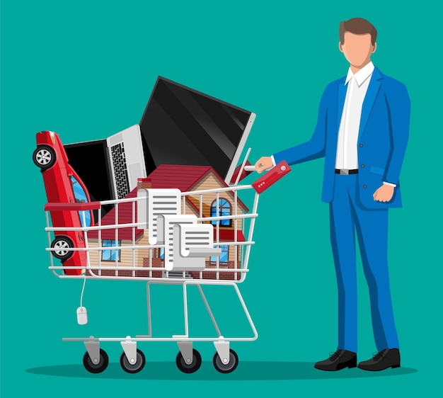 Vector customer with full supermarket shopping cart isolated on green background. metal shop trolley on wheels with house building, car, laptop, tv and receipt check. vector illustration in flat style