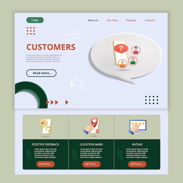 Customers flat landing page website template positive