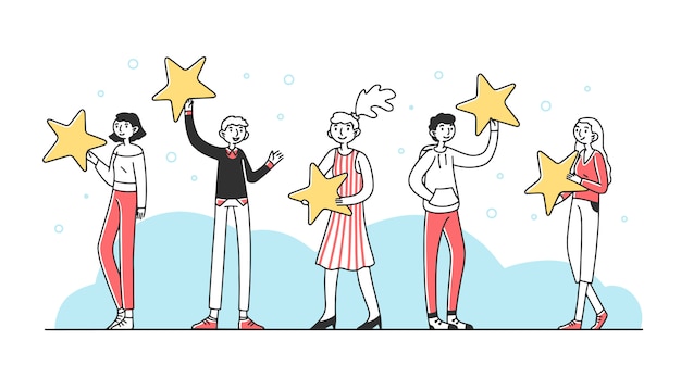 Customers holding review stars illustration