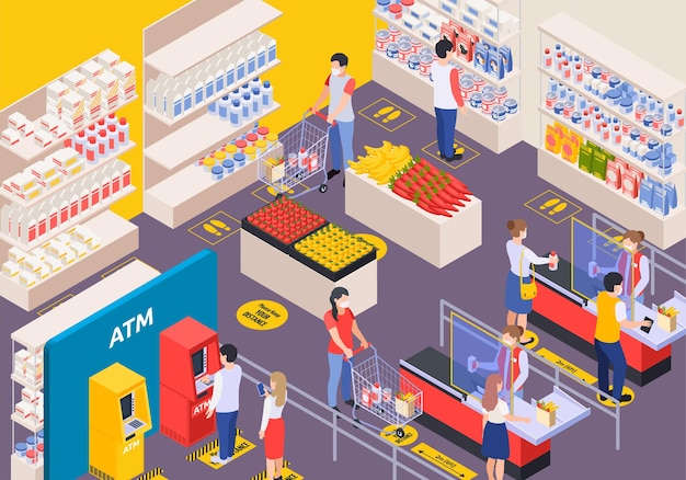 Customers in supermarket interior with markup for social distancing isometric illustration 