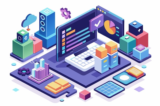 A customizable application programming interface is showcased on a computer featuring data visualizations and surrounding tech elements representing innovation