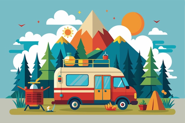 A customizable caravan parked in a picturesque mountain area surrounded by trees enjoying a serene camping experience under the sun