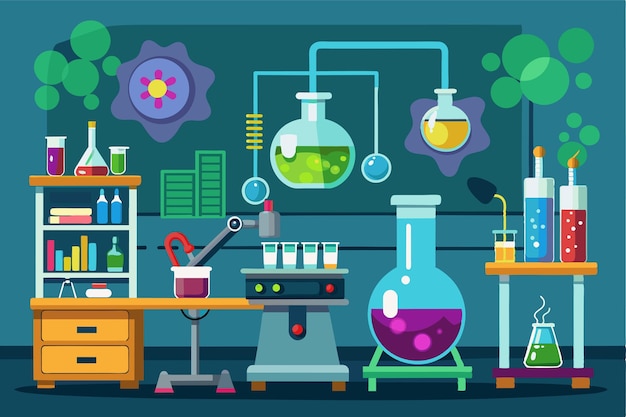 Vector a customizable cartoon lab with colorful glassware and equipment for fun experiments laboratory customizable cartoon illustration