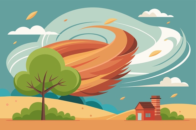 Vector a customizable illustration showing a windy day with swirling clouds a tree and a cozy house nearby windy day customizable semi flat illustration