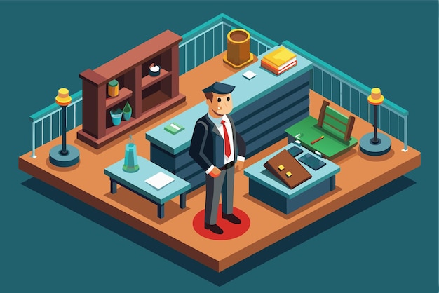 Vector a customizable isometric illustration shows a defendant standing in a courtroom beside a desk filled with legal materials ready for trial