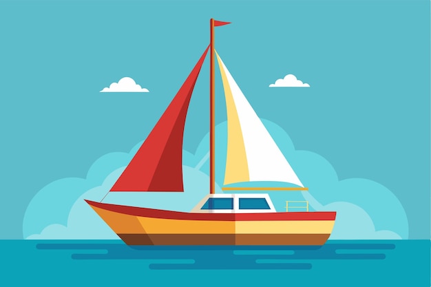 Vector a customizable sailboat with red and yellow sails glides smoothly through tranquil waters sail boat customizable flat illustration