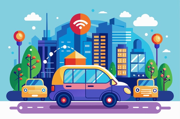 Vector a customizable semiflat vehicle drives through a colorful city with modern buildings and greenery smart mobility customizable semi flat illustration