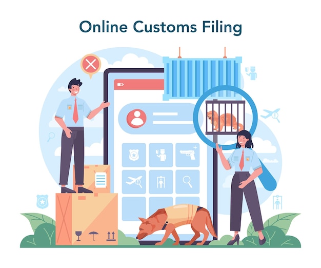 Customs officer online service or platform Passport control at the airport Security checkpoint and registration in the airport Online customs filing Flat vector illustration