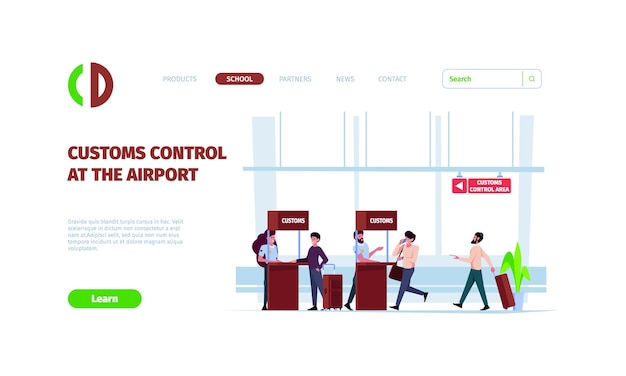 Customs service landing Control gates in airport checkpoint with conveyors for luggage police scanners garish vector web page template