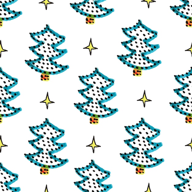 Cut Christmas seamless pattern with blue fir trees and yellow stars Xmas simple texture Christmas pattern Christmas trees Wrapping paper