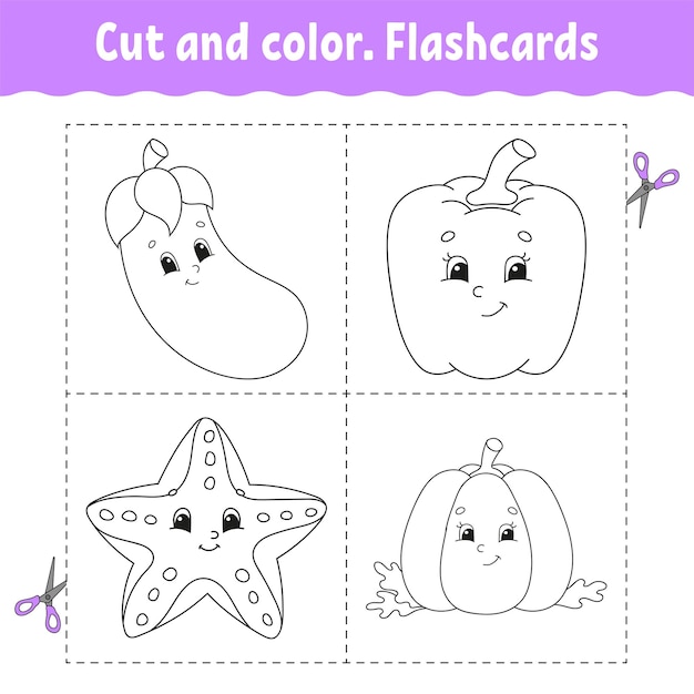 Cut and color Flashcard Set Coloring book for kids Food theme Cute cartoon character Black contour silhouette