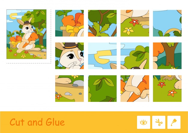 Cut and glue colorful vector image and puzzle learning children game with rabbit in a hat picking carrots in a basket.