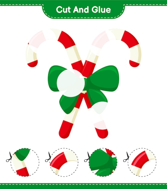 Cut and glue, cut parts of Candy Canes with Ribbon and glue them. Educational children game, printable worksheets