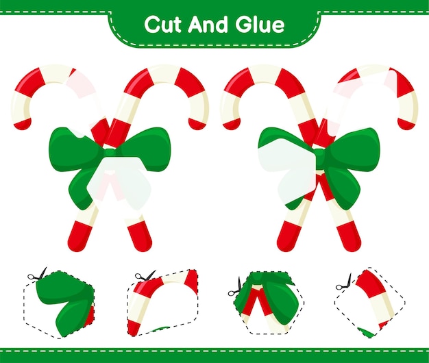 Cut and glue, cut parts of Candy Canes with Ribbon and glue them. Educational children game, printable worksheets