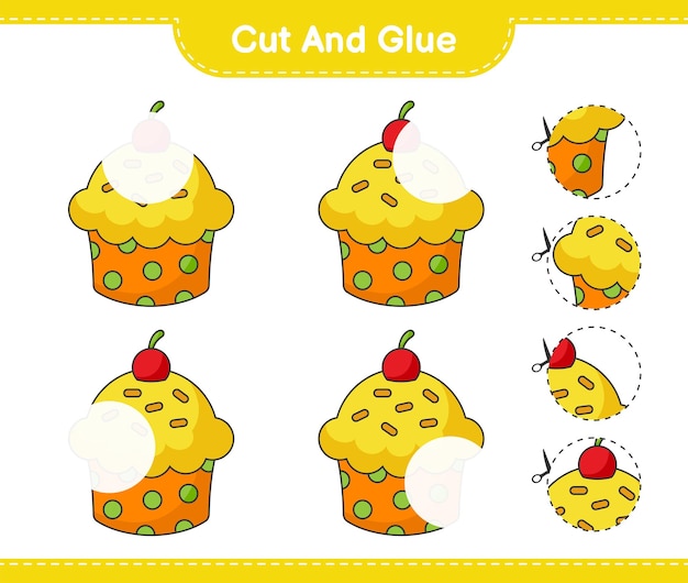 Cut and glue, cut parts of Cup Cake and glue them. Educational children game, printable worksheet, vector illustration