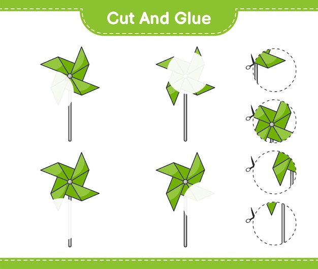 Cut and glue, cut parts of Pinwheels and glue them. Educational children game, printable worksheet, vector illustration