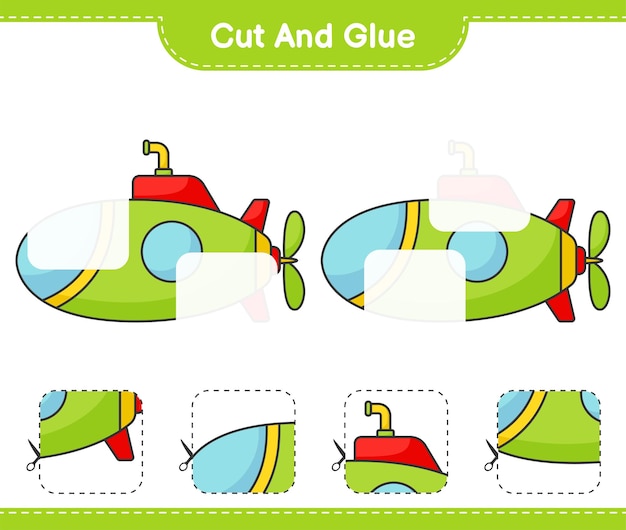 Cut and glue cut parts of Submarine and glue them Educational children game printable worksheet