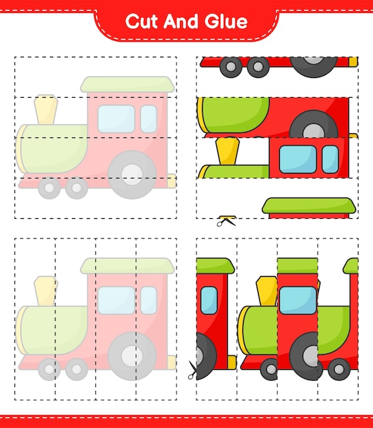 Cut and glue cut parts of Train and glue them Educational children game printable worksheet