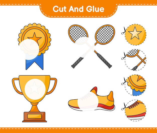 Cut and glue cut parts of Trophy Running Shoes Badminton Rackets and glue them Educational children game printable worksheet vector illustration