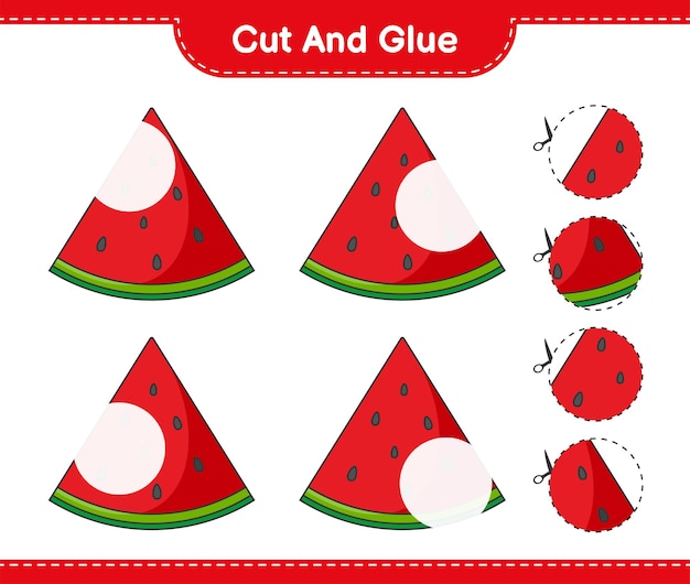 Cut and glue, cut parts of Watermelon and glue them. Educational children game, printable worksheet, vector illustration