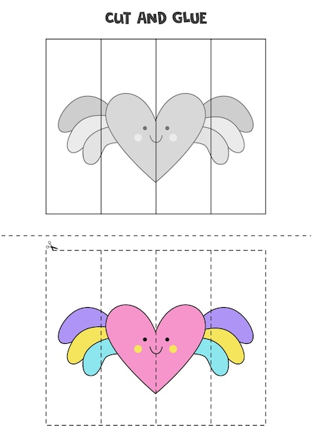 Cut and glue game for kids. Cute flying heart.