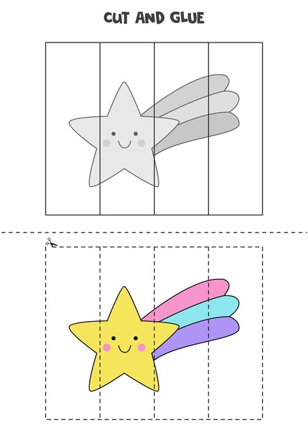 Cut and glue game for kids. Cute kawaii star.