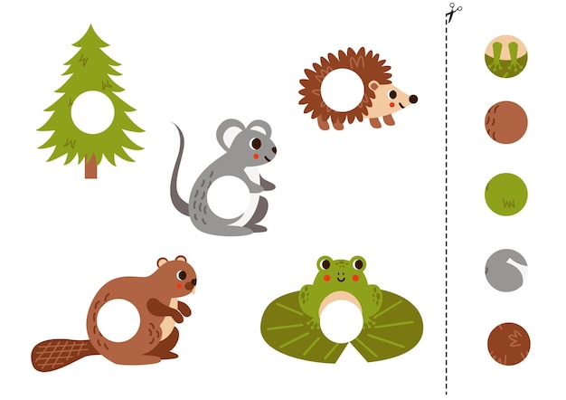 Cut and glue game for kids Cute woodland animals