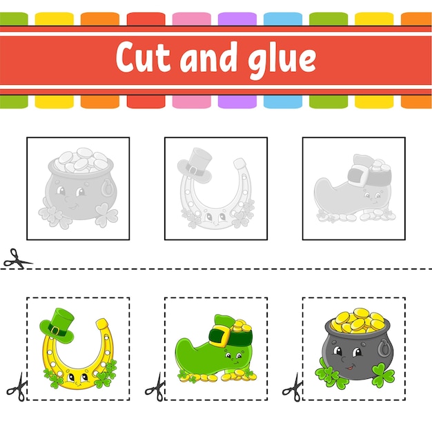 Cut and glue Game for kids Education developing worksheet Color activity page cartoon character St Patrick's day