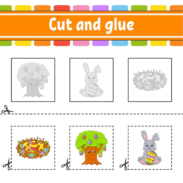 Cut and glue Game for kids Education developing worksheet Color activity page cartoon character