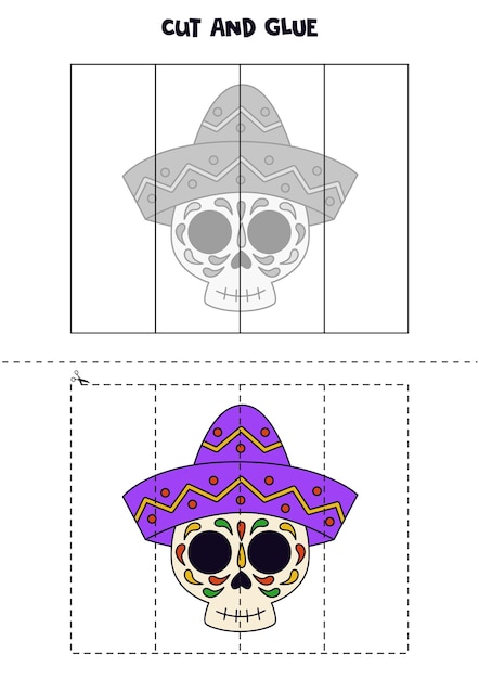 Cut and glue game for kids Mexican skull in hat