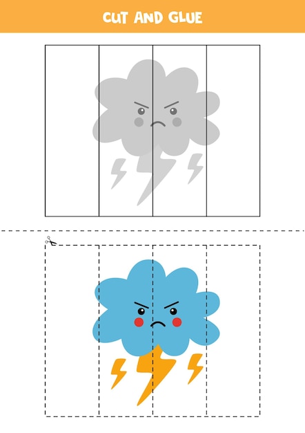 Cut and glue game for kids with angry cloud. Cutting practice for preschoolers.