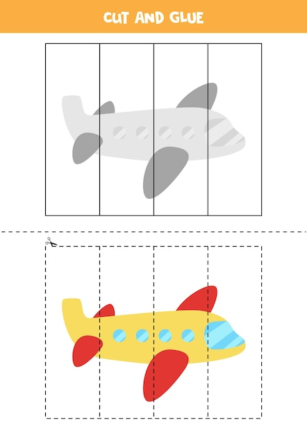 Cut and glue game for kids with cartoon air plane. Cutting practice for preschoolers.