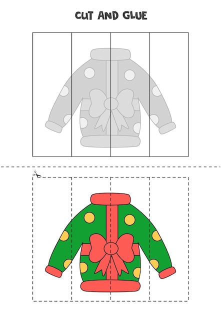 Cut and glue game for kids with Christmas ugly sweater. Cutting practice for preschoolers.