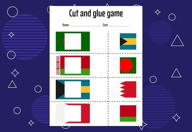 Cut and glue game for kids with country flag Cutting practice for preschoolers Education paper game for children