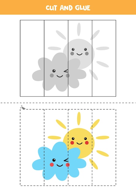 Cut and glue game for kids with cute cloud and sun. Cutting practice for preschoolers.