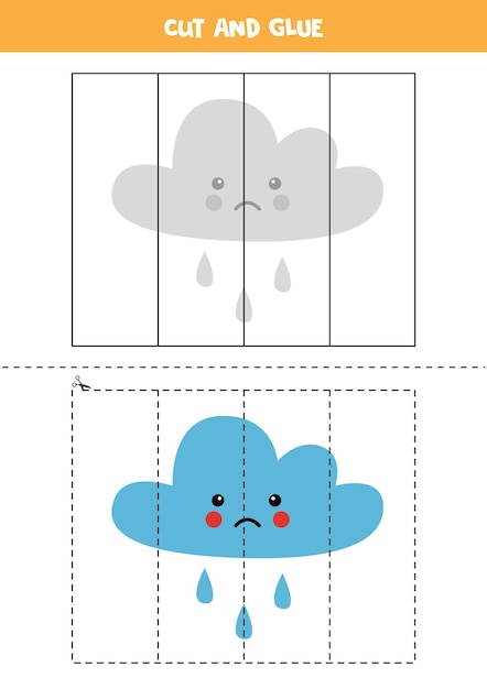 Cut and glue game for kids with cute rainy cloud. Cutting practice for preschoolers.