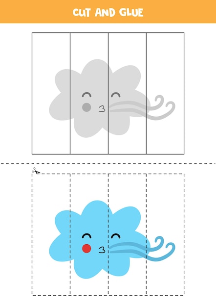 Cut and glue game for kids with wind cloud. Cutting practice for preschoolers.