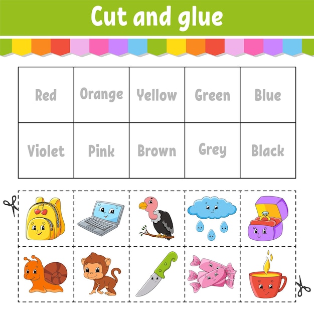 Cut and glue Learning color games for preschool Activity worksheet for kids