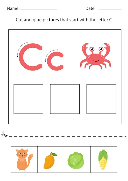 Cut and glue pictures that begin with the letter C. Alphabet worksheet.