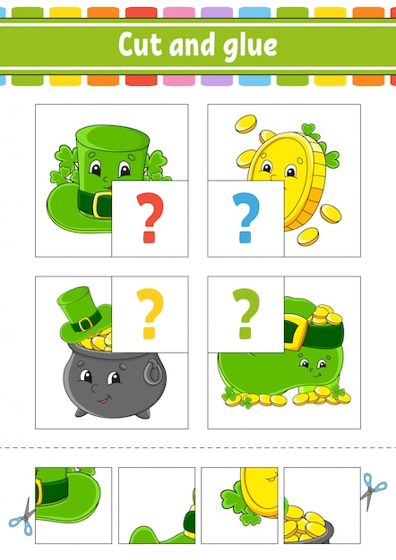 Cut and glue. Set flash cards. Hat, coin, pot, boot. Education worksheet. Activity page